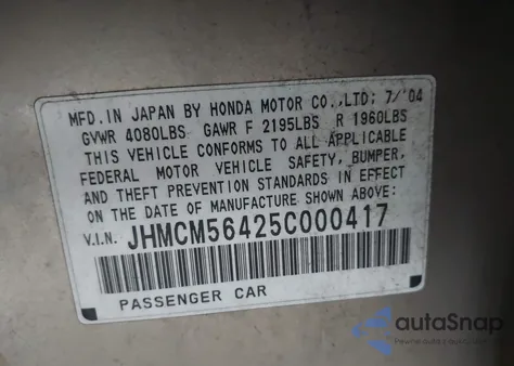 2005 Honda Accord 2.4 Lx from USA, damaged, VIN JHMCM56425C000417